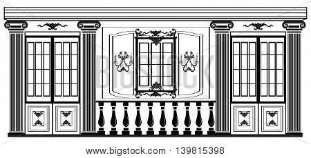 Vector architectural facade. Wire frame blueprint drawing of classic luxury building. Vector architectural template background