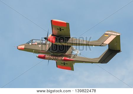 FARNBOROUGH, UK - JULY 18: Vintage Rockwell OV-10 Bronco light attack aircraft on take-off from Farnborough, UK on July 18, 2016