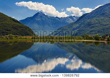 scenic italy lake landscape in alpine mountains