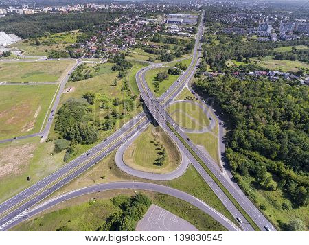 Aerial view of busy road in Sosnowiec Poland.