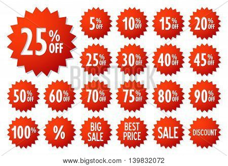 Sale vector label icons. Discount stickers set for shop, retail, promotion. Best price, big sale, 25% off, special offer, discount icons.