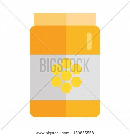 Glass jar with honey hundredth symbol. Concept vector in flat style design. Illustration for application icons, apiary logotype, food packaging, infographics. Isolated on white background.
