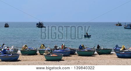 ke ga beach and traditional basket boat on the sand of fishing village muine vietnam