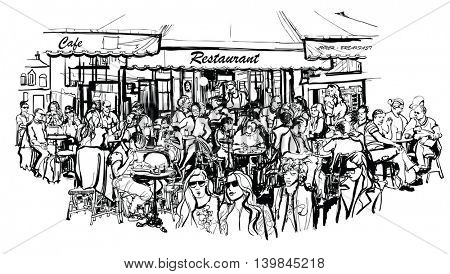 Customers at traditional outdoor Parisian cafe - Vector illustration