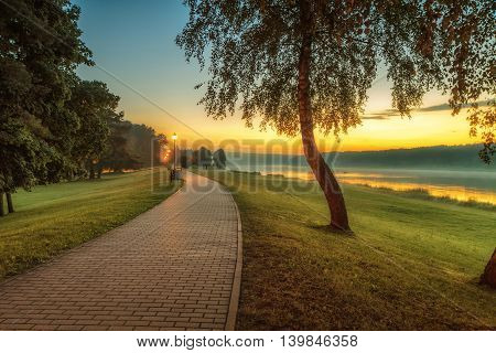 Birstonas resort promenade in the evening at sunset