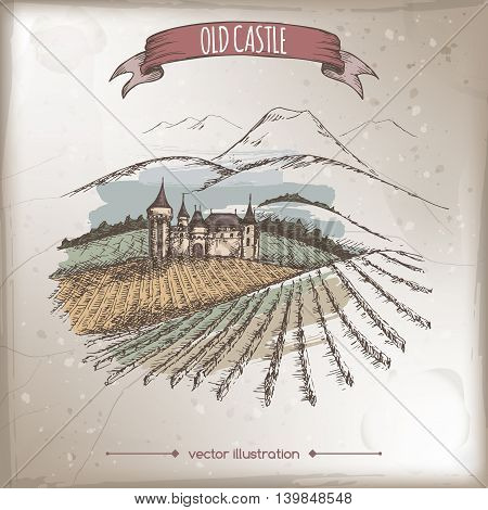 Color vineyard, castle and mountain landscape hand drawn vector sketch placed on grunge background. Great for vine and travel ads, brochures, labels.