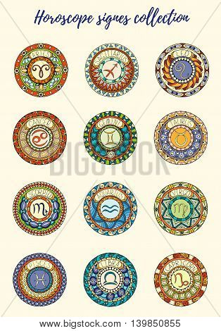 Zodiac signs theme. Set of mandalas with libra zodiac signs. Zentangle inspired mandalas. Hand drawn tribal mandala horoscope symbols for tattoo art printed media design stickers etc.