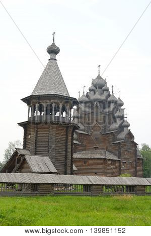The complex Manor Bogoslovka in the style of Russian wooden architecture in the Nevsky Forest Park near St. Petersburg Russia.