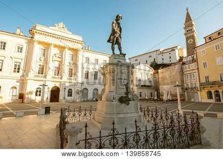 Famouse violinist and composer Giuseppe Tartini monument on the main square in Piran town in Slovenia