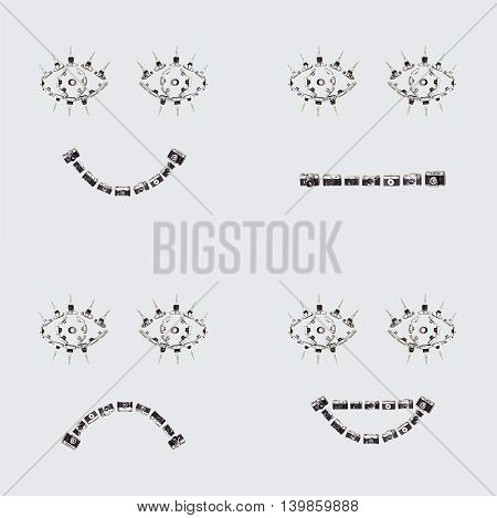 Set of four smileys assembled from retro cameras on a gray-blue background