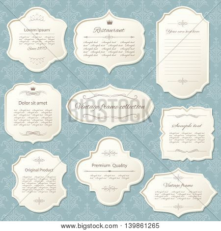 Vintage frame set on damask background. Calligraphic design elements.