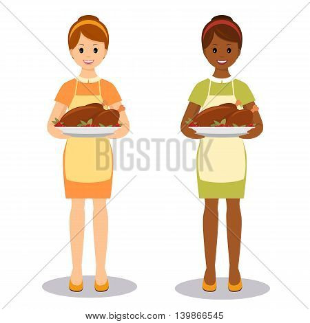 Smiling woman with roasted turkey. Cartoon style.Vector illustration