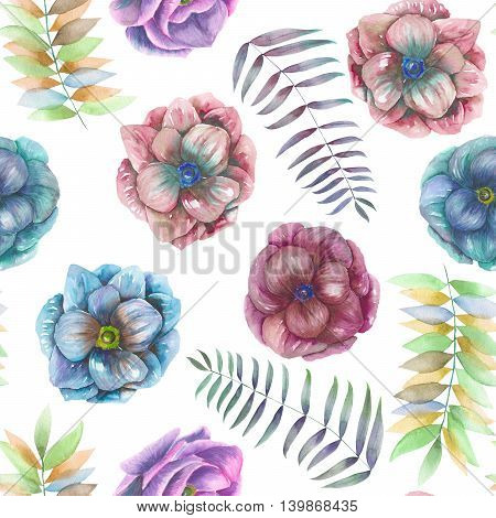 Seamless pattern with the watercolor anemone flowers, fern, leaves and branches, hand drawn on a white background