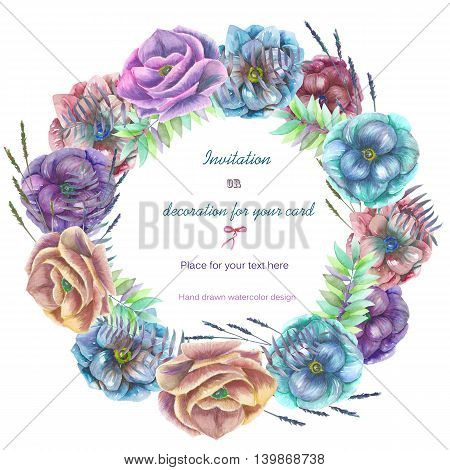 Circle frame, wreath with the watercolor anemone flowers, fern and branches hand drawn on a white background, decoration for your card and work