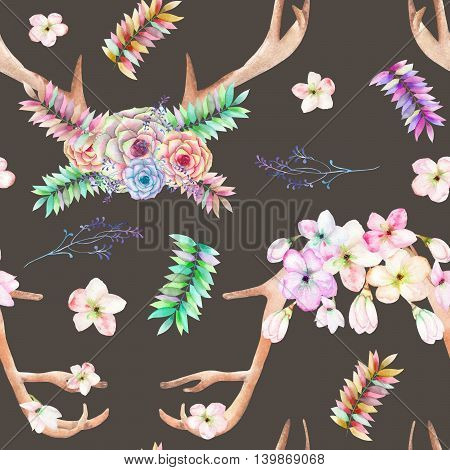A seamless pattern with the antlers, entwined succulents, flowers, leaves and branches, for decoration, isolated hand drawn on a dark background, wedding design