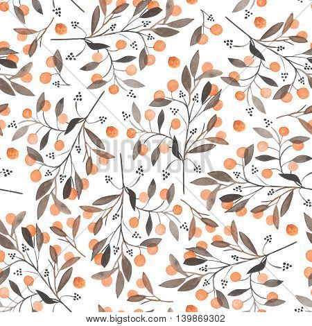 Seamless pattern with the orange berries on the branches, hand drawn in a watercolor on a white background, background for your card and work, hand drawn in a pastel