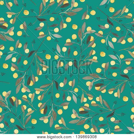 Seamless pattern with the yellow berries on the branches, hand drawn in a watercolor on a green background, background for your card and work, hand drawn in a pastel