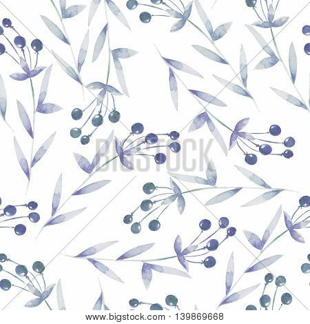 Seamless pattern with the blue berries, hand drawn in a watercolor on a white background, background for your card and work, hand drawn in a pastel
