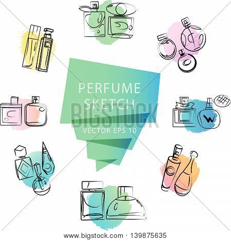 Vector artistic perfume sketch isolated on white background. ink drawn. Art colorful design paint drop, spot concept for package, illustration, perfume shop, card, logo, icon, fashion magazine.