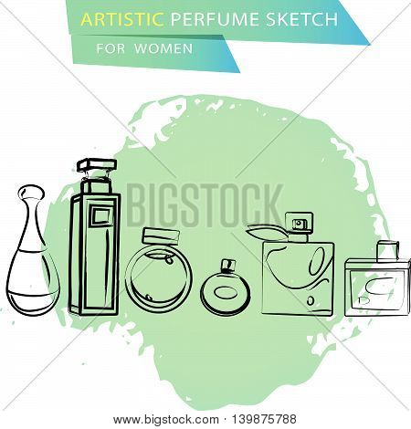Vector artistic perfume sketch for women isolated on white background. Ink drawn. Art design gradient paint drop, spot template for package, illustration, perfume shop, card, logo, fashion magazine.
