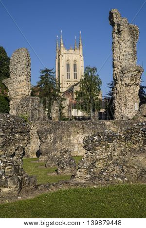 A view of the remains of Bury St Edmunds Abbey and St Edmundsbury Cathedral in Bury St. Edmunds Suffolk.
