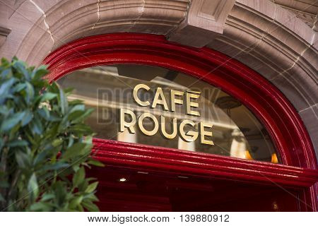 BURY ST EDMUNDS UK - JULY 19TH 2016: The logo of the Cafe Rouge restaurant located in Bury St. Edmunds on 19th July 2015.