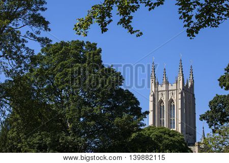 A view of the historic St. Edmundsbury Cathedral from Abbey Gardens in Bury St. Edmunds Suffolk.
