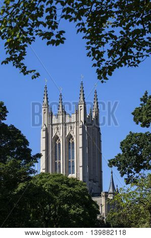 A view of the historic St. Edmundsbury Cathedral from Abbey Gardens in Bury St. Edmunds Suffolk.