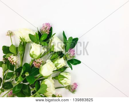 Colorful Bright Bouquet Made Of Roses And Clover Flowers. Flay Lay, Top View