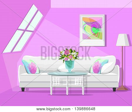 Modern graphic loft interior design. Colorful room set. Flat style vector illustration.