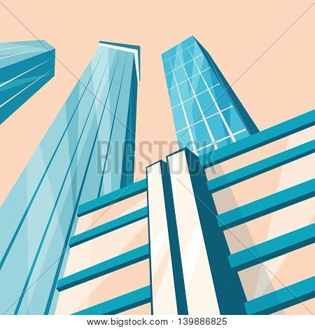 Skyscrapers in the city. Bottom view. Cartoon vector illustration. Vintage style. Buildings in downtown. Corporate architecture
