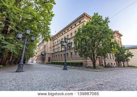 RIGA, LATVIA - JULY 10, 2016: Main Building of the Saeima - parliament of the Republic of Latvia in Riga Old City at Corner of Jekaba and Klostera Streets.