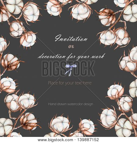 Background, template postcard with the cotton flowers branches, hand drawn on a dark background, background for your card and work