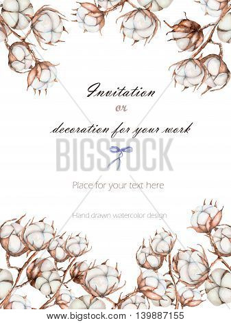 Background, template postcard with the cotton flowers branches, hand drawn on a white background, background for your card and work