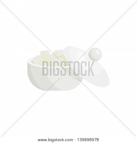 Sugar bowl with sugar cubes icon in cartoon style isolated on white background