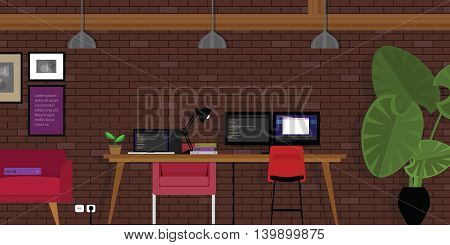 start-up open works-pace co-working office industrial style with programming coding desk and brick vector