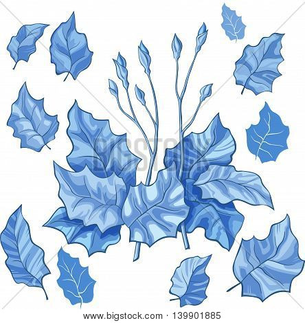 Blue stylized leaf stems buds isolated on white background