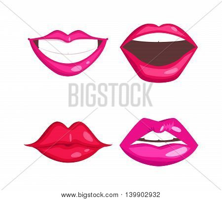 Female lips isolated on white background. Passion makeup mouth. Set woman lips romance cosmetic sensuality desire. Set of mouth smile woman red lips isolated shape romantic print emotions