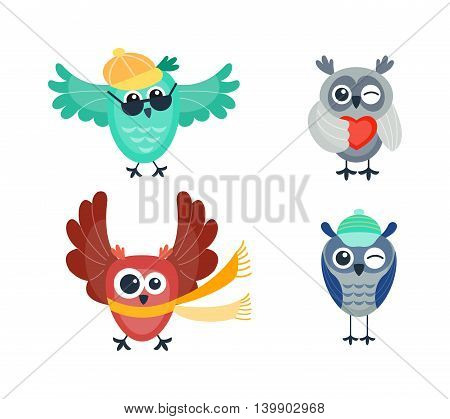 Cute vector funny cartoon owls. Animal character cartoon owl comic funny collection. Doodle cheerful bird cartoon owl. Adorable different owl various expression bird