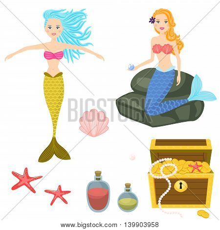 Cartoon mermaids and treasure dower chest clip art vector graphics for game. Isolated sea life objects - treasure dower chest, shell, starfish, rocks.