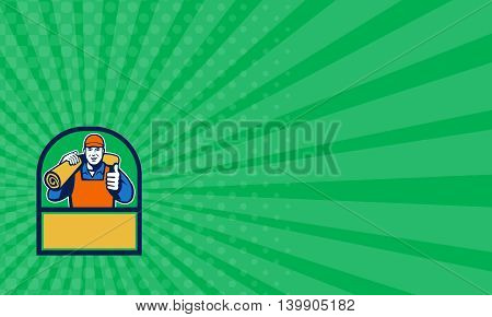 Business card showing illustration of a male carpet layer smiling with thumbs up and carrying roll of mat carpet on shoulder viewed from front set inside half circle done in retro style.