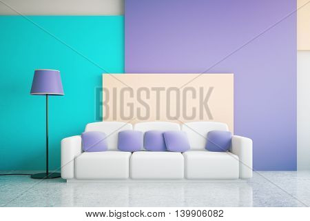 Vibrant blue and purple living room interior design with large sofa and floor lamp. 3D Rendering