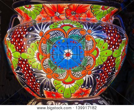 Colorful Souvenir Ceramic Blue Green Orange Flowers Pot Decoration Dolores Hidalgo Mexico