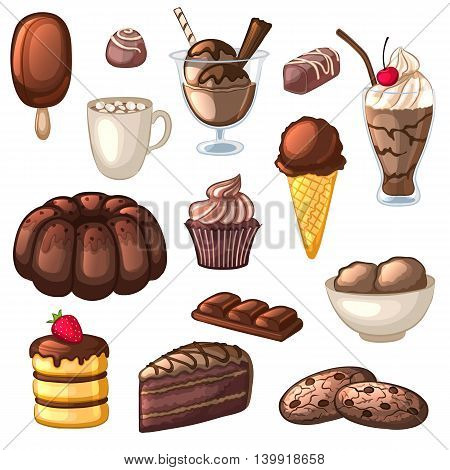 A set of chocolate desserts and drinks. Cakes, candy, cookies, milkshakes, ice cream and cocoa. Isolated objects on white background. Collection of confectionery. Cartoon icons. Vector illustration.