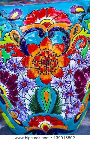 Colorful Souvenir Ceramic Orange Blue Flowers Pot Decoration Dolores Hidalgo Mexico