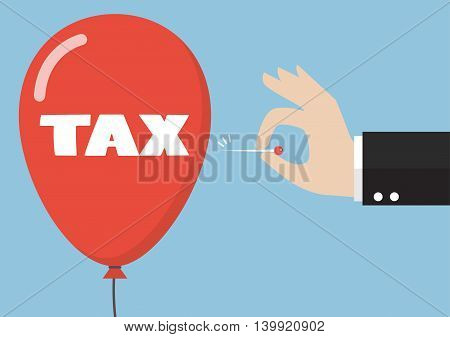 Hand pushing needle to pop the tax balloon. Business concept