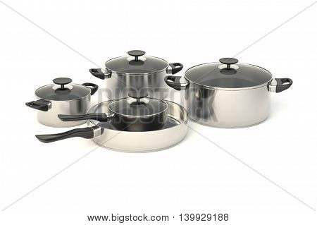Stainless steel pots and pans on white background. Set of five cooking kitchenware with glass see through lids. 3D illustration.