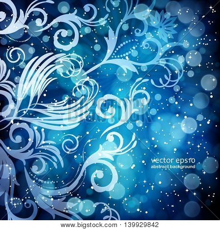 Abstract floral pattern on a blue background, made of transparent rays, stars, bokeh. Magical fantasy flowers design card.  Vector illustration.