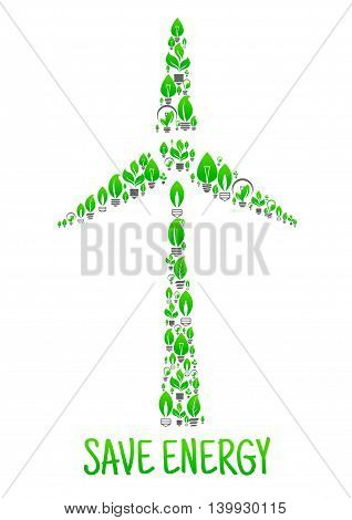 Save Energy conceptual ecology art illustration. Green leaves and lamps in shape of wind turbine. Creative eco environment illustration. Natural energy source element. Vector icon of electricity mill