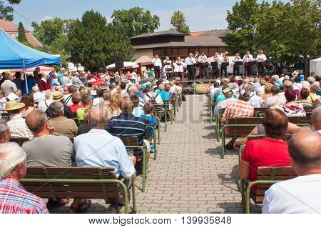 Buchlovice, Czech Republic, July 23, 2016: Celebration of garlic. Traditional farmers harvest celebrations of garlic. Agricultural sales markets. Sales of garlic, performances by folk ensembles.